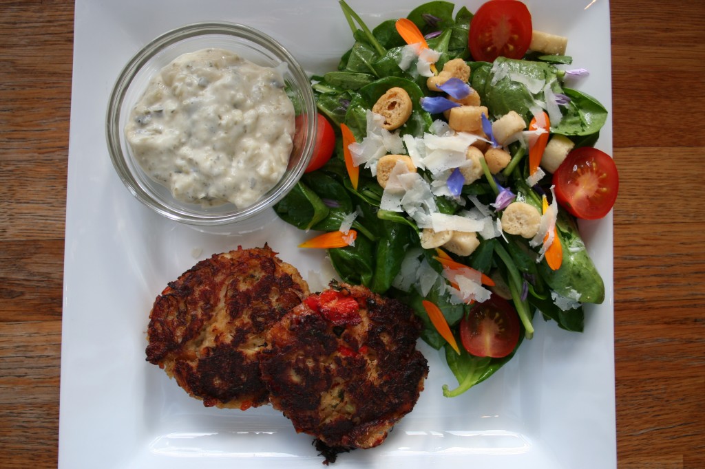 Crab Cakes With Remoulade Sauce And Baby Spinach Salad With Lemon Vinaigrette