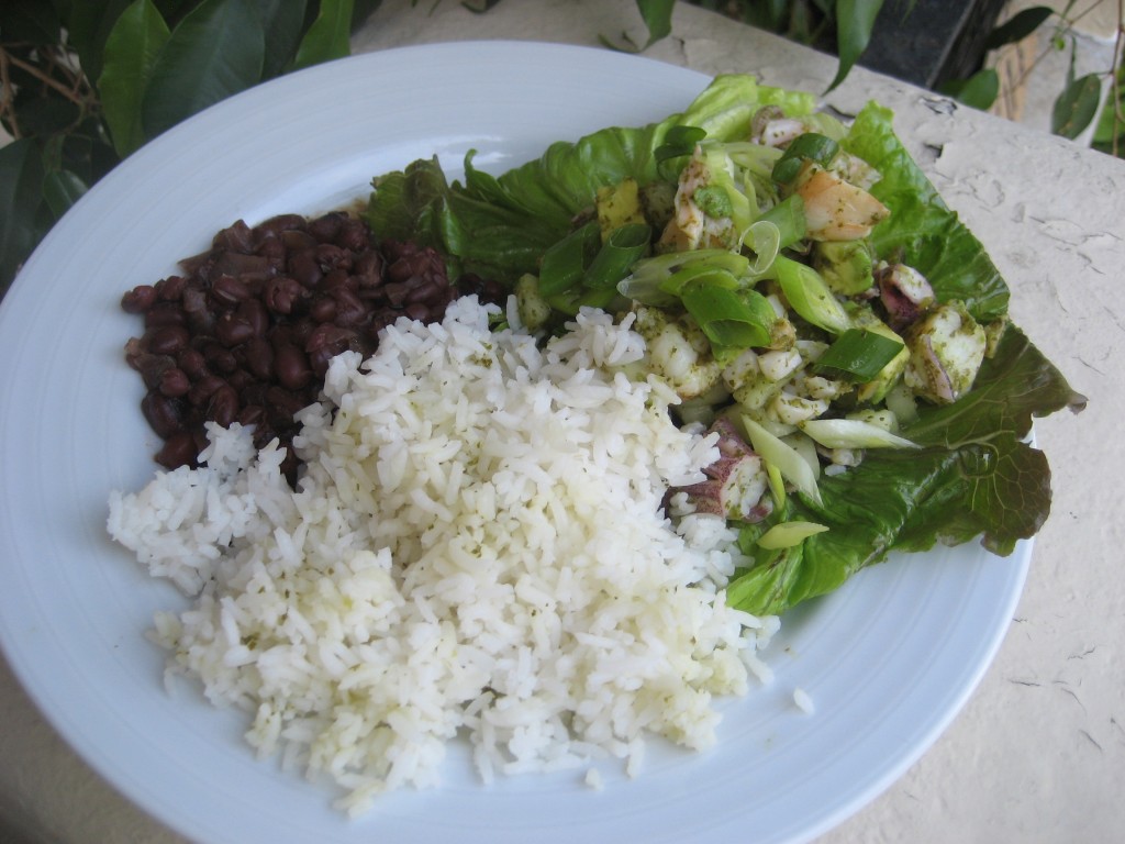 Ceviche, rice, and beans