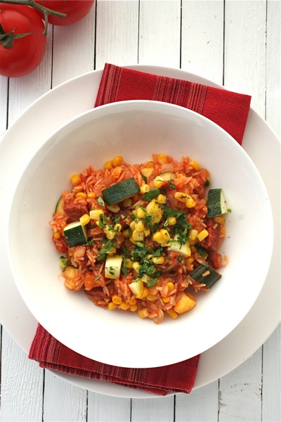 Mexican Rice Supper with Chorizo, Zucchini and Corn