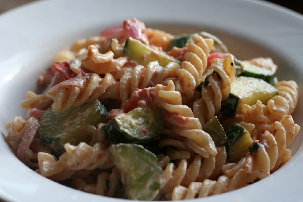 fusilli with zucchini, tomatoes and bacon