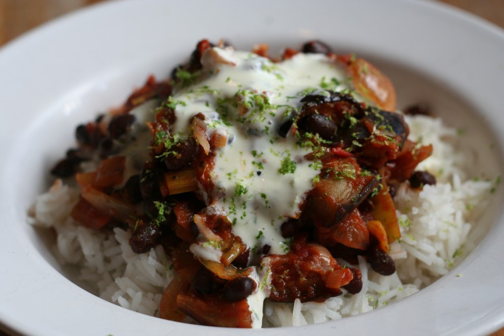 black bean, eggplant and leek chili with lime sour cream