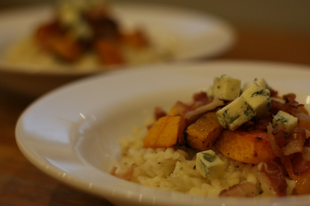 Risotto with Roasted Butternut Squash, Bacon and Blue Cheese