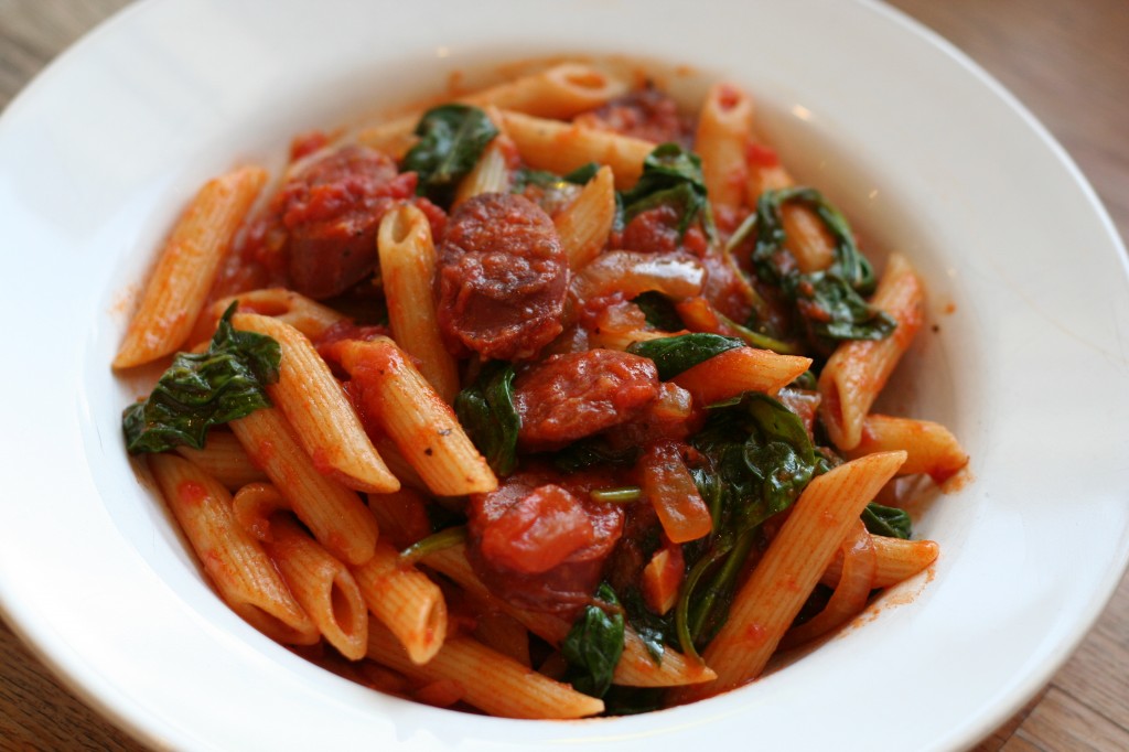 penne-with-chorizo-and-spinach-and-dulce-de-leche-brownies