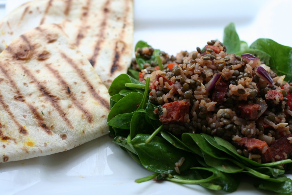 pumpkin quesadillas with lentil-rice salad