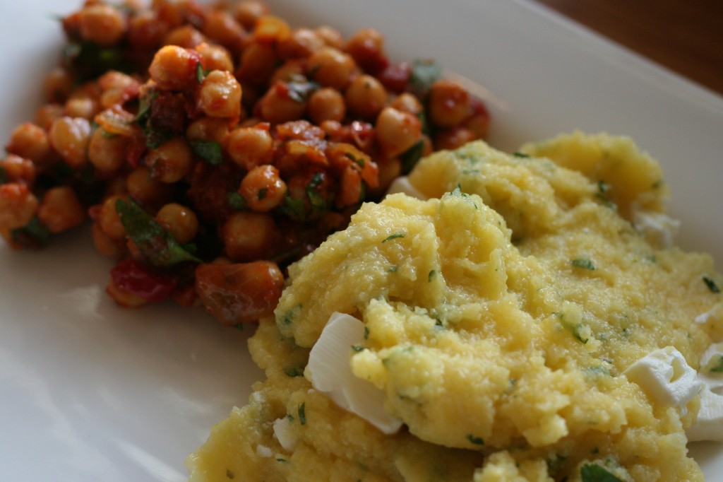 spiced chickpea salad and polenta with feta and cilantro