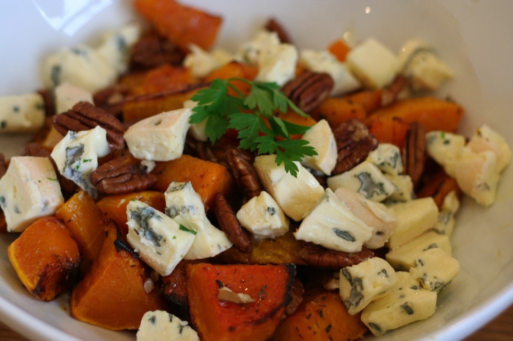 roasted squash with pecans and blue cheese