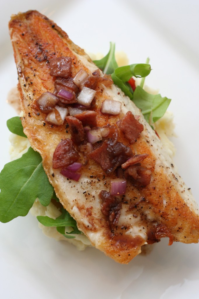 Sea Bass with Tomato Confit, Red Onion and Bacon Vinaigrette and Mashed ...