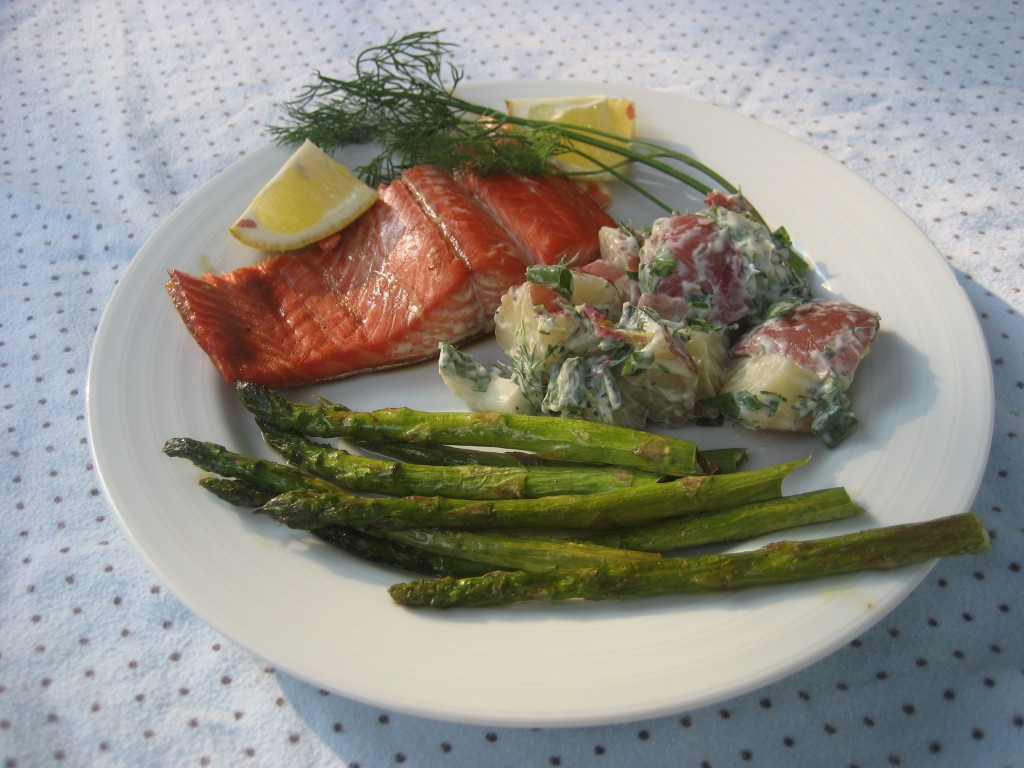 Salmon, potato salad, asparagus