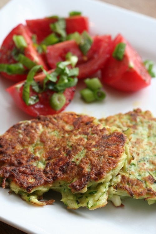 Zucchini Fritters with Feta and Dill and Tomato Salad